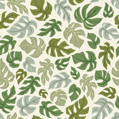 Seamless pattern featuring stylized Monstera leaves in various shades of green and gray. Hand-drawn aesthetic design.