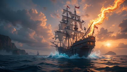 Fototapeta premium Fiery Sunset Sail: A Galleon's Epic Voyage