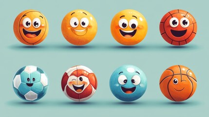 Obraz premium Colorful cartoon sports balls with happy faces on teal background