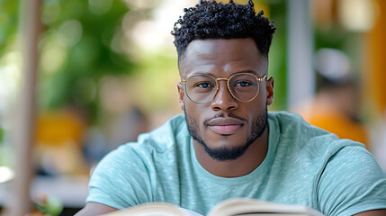Focused student engaging with textbook in outdoor study space academic environment close-up perspective concentration and learning concept