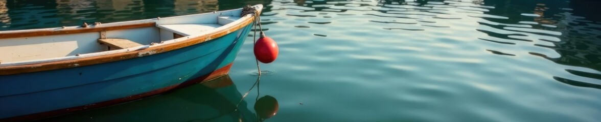 Obraz premium Small red buoy secured to the side of a boat on the river, river, boat, moored