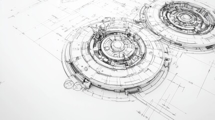 Complex mechanical gear schematics, industrial blueprint aesthetic, precise technical measurements, white line drawings on monochrome gradient, interlocking circular mechanisms, detailed engineering