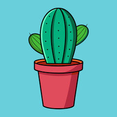 Tactus Plant in Colored Pot with Outlines Decorative Cactus Art Vector Design