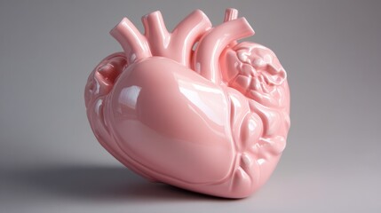 Contemporary pink ceramic heart featuring precise medical detailing, smooth glossy finish with delicate shadows, anatomically accurate chambers and valves, pristine porcelain texture with subtle