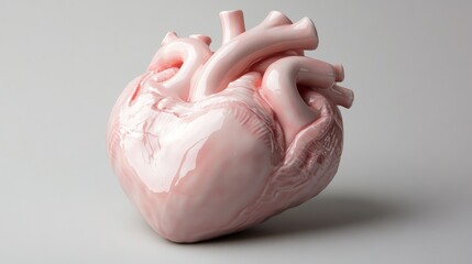 Contemporary pink ceramic heart featuring precise medical detailing, smooth glossy finish with delicate shadows, anatomically accurate chambers and valves, pristine porcelain texture with subtle