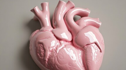 Contemporary pink ceramic heart featuring precise medical detailing, smooth glossy finish with delicate shadows, anatomically accurate chambers and valves, pristine porcelain texture with subtle