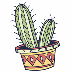 Tactus Plant in Colored Pot with Outlines Decorative Cactus Art Vector Design