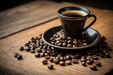 Freshly brewed coffee served in a black cup surrounded by roasted coffee beans on a rustic wooden table during a cozy morning Generative AI