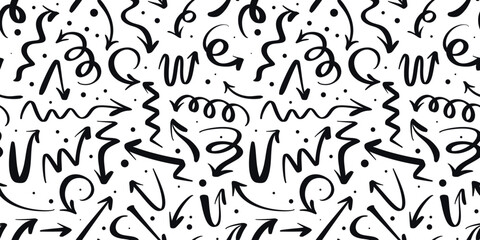 Obraz premium Print generic arrows in doodle style set. Background of ink arrows right, left, up, down, curved, circle and others. Hand drawn seamless pattern of direction pointers, vector graphics