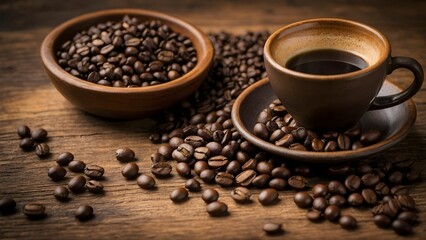Freshly brewed coffee served in a rustic cup with coffee beans stacked on a wooden surface in a cozy setting Generative AI