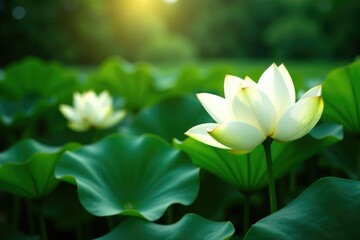 Obraz premium Softly lit white lotus flowers amidst lush tropical foliage, summer blooms, natural, white flowers