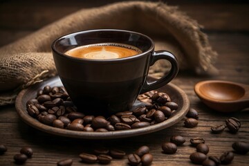 Fototapeta premium Rich espresso served in a black cup atop a wooden plate with scattered coffee beans on a rustic table Generative AI
