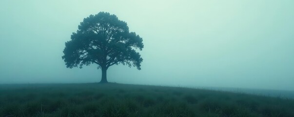 Solitary tree in a misty or foggy environment, mystery, atmosphere,