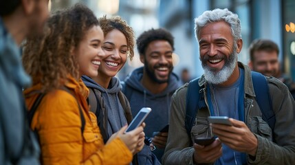 Fototapeta premium Diverse Group Smiling Outdoors Using Smartphones