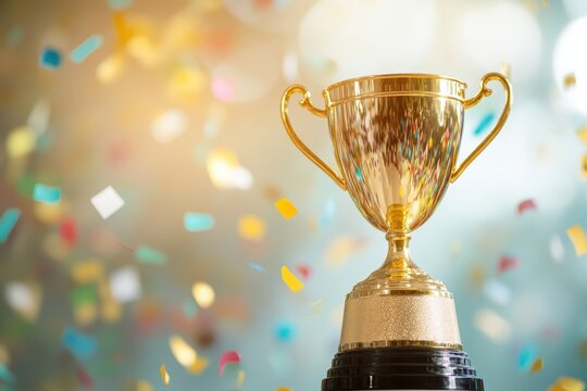 Golden trophy amidst falling confetti symbolizing achievement and celebration.