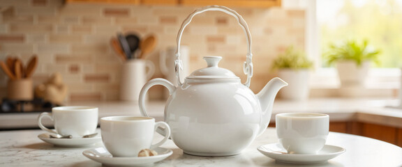 Fototapeta premium Elegant white teapot with cups in cozy kitchen, welcoming morning tea