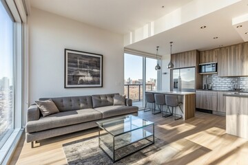 Modern apartment living room with city view.