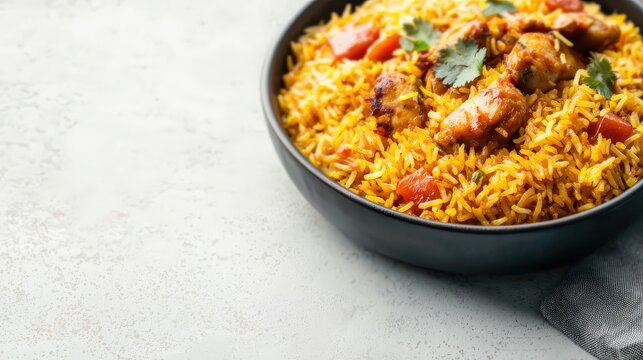 A bowl of aromatic khao mok gai chicken bi bi biri with fragrant spices and rice served in a traditional style