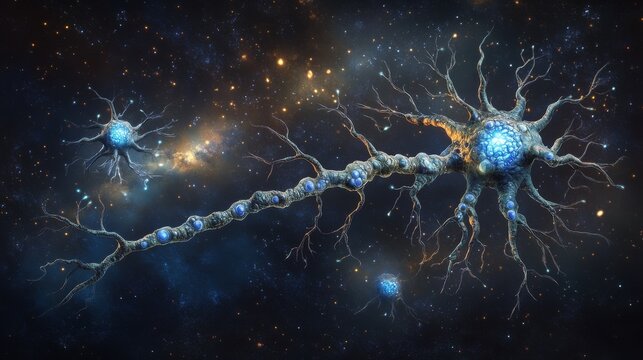 Highly detailed 3D rendering of a single neuron floating in dark space, intricate dendrites branching out like cosmic tendrils, glowing blue synaptic terminals, detailed axon wrapped in pearly white