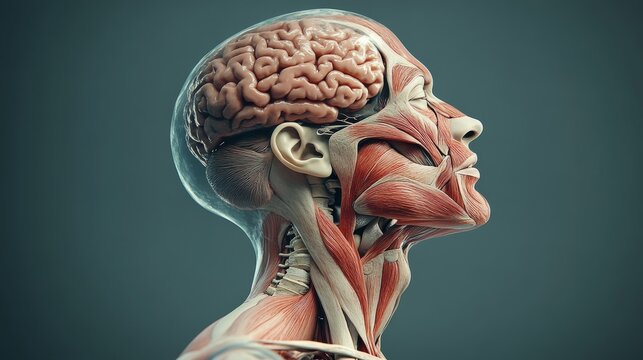 Hyperrealistic anatomical profile, sagittal brain cross section, detailed cervical spine, soft tissue visualization, medical educational illustration, precise muscle structure, professional