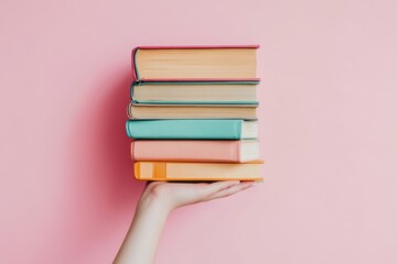 Fototapeta premium A hand holds a stack of colorful books against a soft pink background.