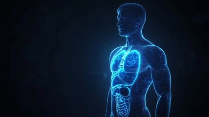 male figure anatomy study with highlighted pancreas system, ethereal blue hologram style body scan, internal organs with incredible detail, deep black background, bioluminescent effect, professional