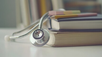 Medical education still life, stacked textbooks, chrome stethoscope, graphite pencil, pastel paper bookmarks, soft natural lighting, clean white surface, shallow depth of field, macro photography