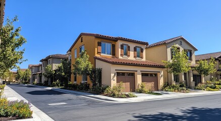 Obraz premium Charming suburban neighborhood showcasing modern homes with vibrant architecture, clear blue sky, and lush landscaping on a serene day