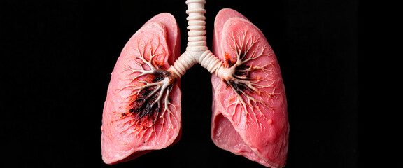 Detailed human lungs showing smoke damage, health awareness