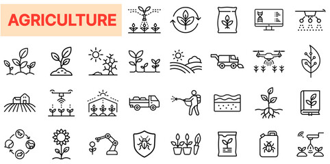 Agriculture and Farming Line Icons Set – Crop Cultivation, Organic Farming, Precision Agriculture, Irrigation, Sustainable Agriculture, AgroTech, Harvesting, Livestock, Agri-Business