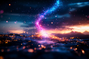 Cosmic wonder with iridescent floating particles forming nebula-like swirls in glowing pink, blue, and purple hues against the vast, deep void of space