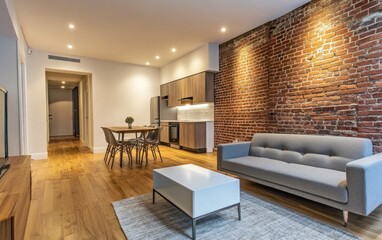 Fototapeta premium Modern apartment living room with exposed brick wall, hardwood floors, and contemporary furniture.
