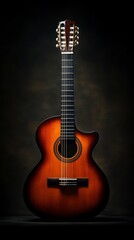 A classical guitar with a sunburst finish is displayed against a dark background, illuminated by soft lighting that highlights its details.