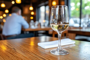 Wine Glass Filled with White Wine on Restaurant Table Close-up