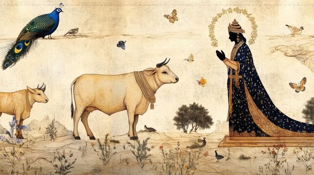 Detailed Pichwai painting of Shrinathji with cows and peacocks, traditional Rajasthani art style, ornate patterns, vibrant hues.