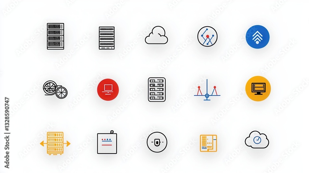 Poster a collection of minimalist icons representing various components and functions of a modern data cent