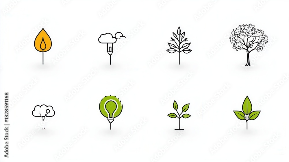 Poster a set of simple minimalist icons representing various environmental and nature related concepts such