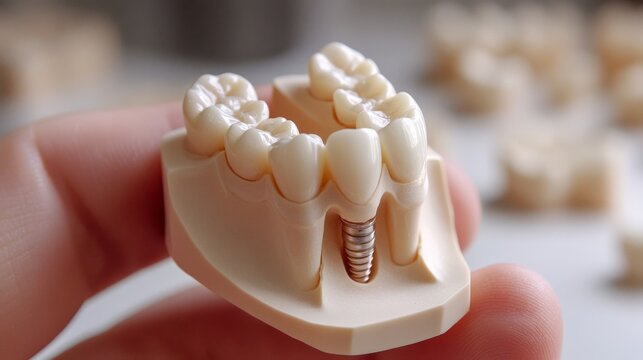 Realistic macro dental implant model in hand, detailed cross-section tooth anatomy, titanium implant structure, white ceramic crown, pink gum tissue, professional dental education display, soft focus