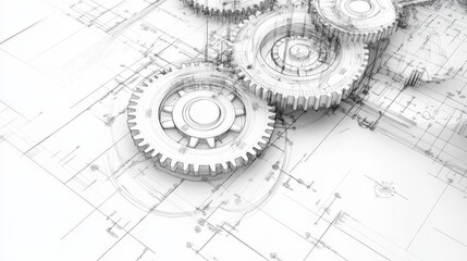 Sophisticated mechanical drawing composition, detailed gear assembly blueprint, precise engineering measurements, white technical linework, professional schematic style, industrial mechanical detail,