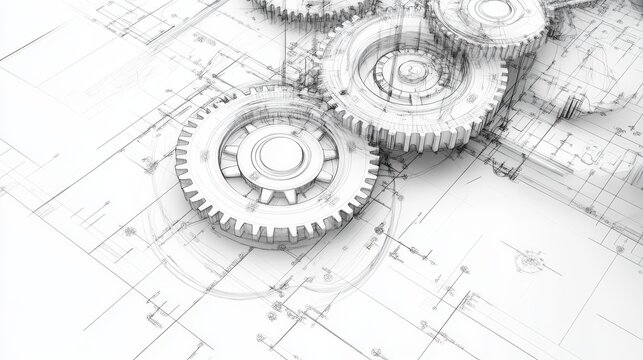Sophisticated mechanical drawing composition, detailed gear assembly blueprint, precise engineering measurements, white technical linework, professional schematic style, industrial mechanical detail,