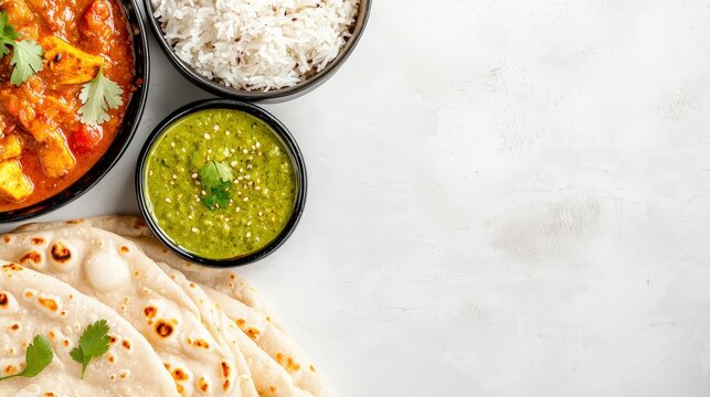 Traditional indian thali featuring a colorful array of curries served on a plate with rice and traditional torl