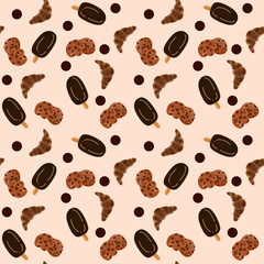Seamless Pattern of the Croissants, Cookies, and Ice Creams
