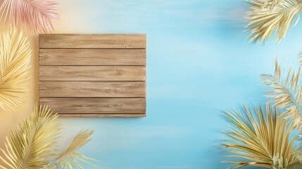 Tropical Background with Wooden Plank and Colorful Palm Leaves for Summer Designs