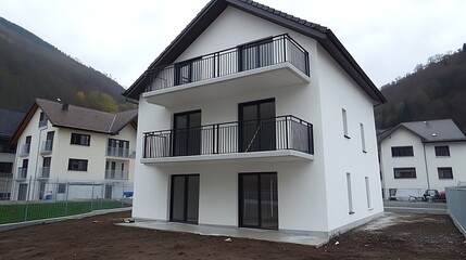 Obraz premium Modern white two story building with black balconies near trees
