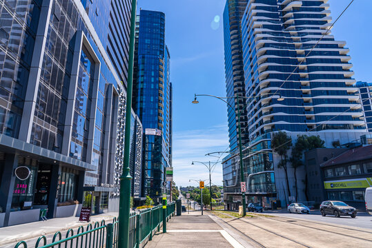 Box Hill White Horse road tramway and modern buildings in the eastern suburbs of Melbourne, Victoria, Australia.