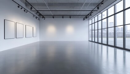 Fototapeta premium Modern art gallery with blank frames on the wall and large windows showcasing an urban skyline.