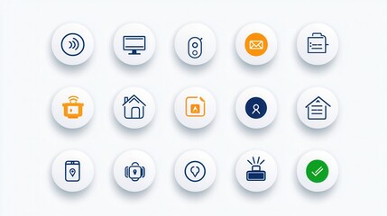 A collection of minimalist streamlined icons representing various smart home technologies and automation features for a clean modern interface