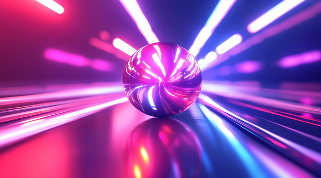 an abstract 3d hollo sphere with layered translucent panels and neon light rays 