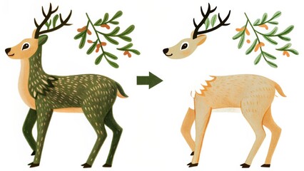 Deer Coat Change Illustration Green to Beige Transformation with Antlers and Greenery