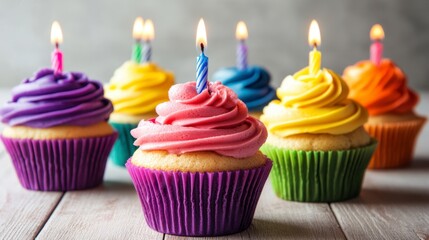 Colorful cupcakes with lit candles on a wooden table. A celebratory scene, perfect for birthdays or special occasions.